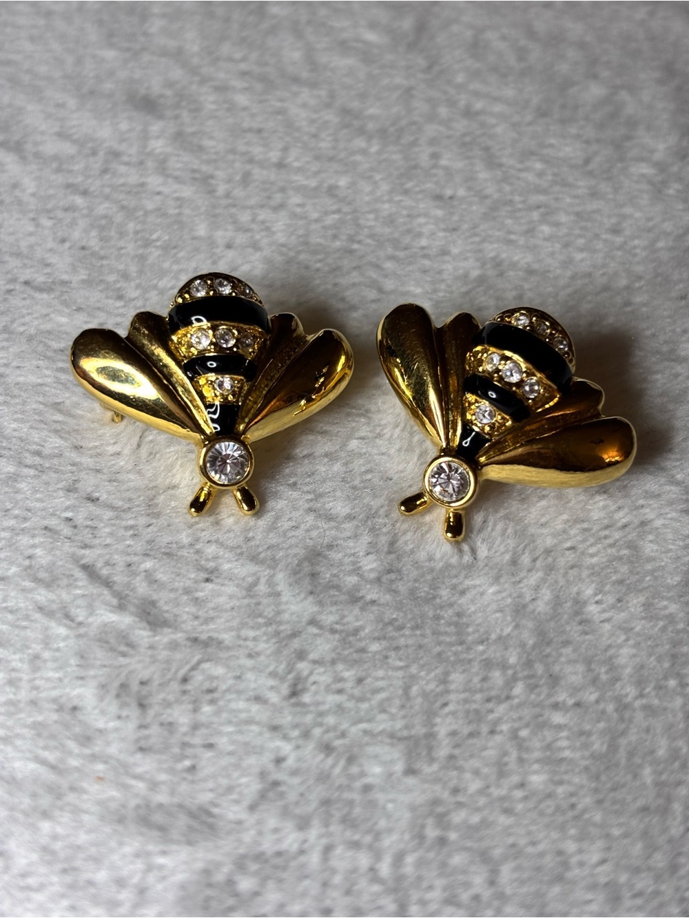 Vintage Black Enamel Rhinestone Bee Scatter Pins Brooch Pair Gold Tone